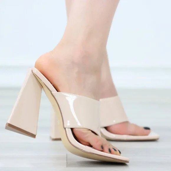 Nude Block Heel Mules Open Toe Slip On Glossy Strap High Heel Sandals - Picture 6 of 11